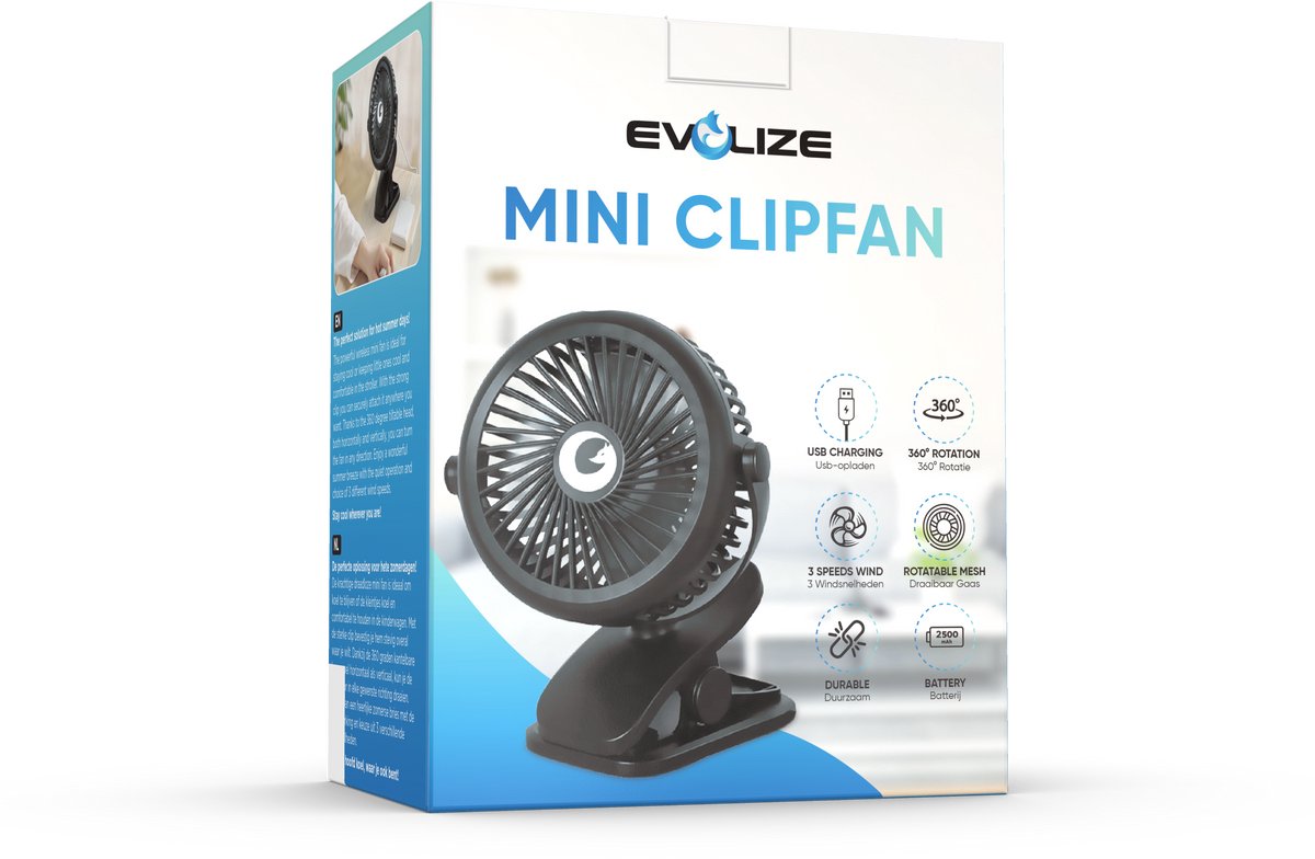 Evolize Mini Ventilator met Clip - Krachtige Draadloze Fan op Batterijen - USB Oplaadbare Ventilator met Klem - Draadloos & Draagbaar - voor Bureau, Bed, Camping & Kinderwagen - Zwart — afbeelding 9