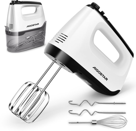 Aigostar 30XMJ - Handmixer 400W - 6 Snelheden met Turbofunctie – Inclusief Deeghaken, Kloppers en Opbergbasis - RVS