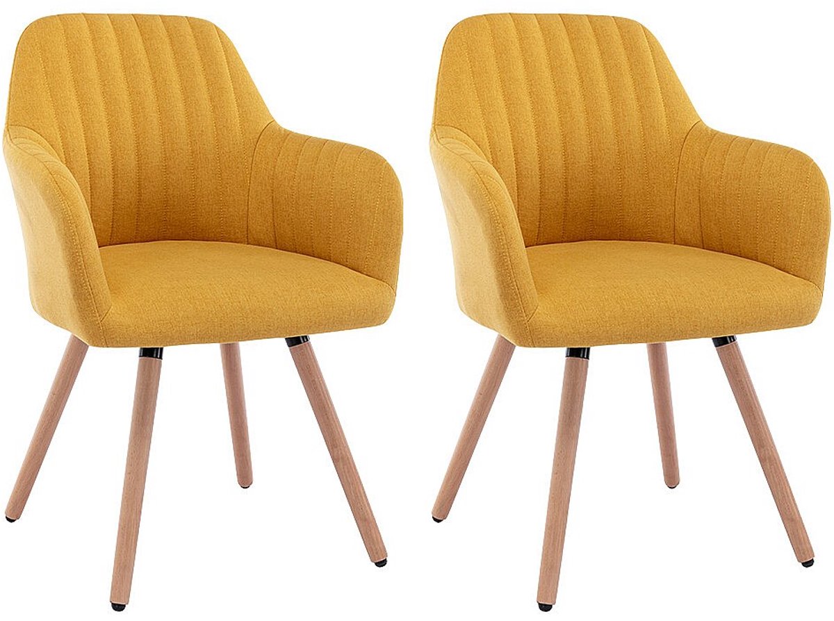 Vente-unique Set van 2 stoelen met armleuningen - Stof en metaal met houteffect - Geel - ELEANA Mosterdkleur