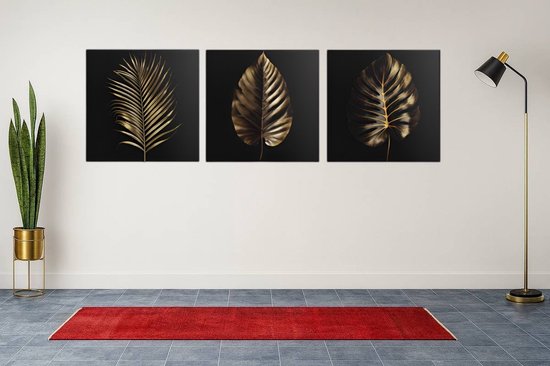Triptyque Feuilles Dorées – Peinture sur Toile – Décoration murale Élégante – Art Moderne 3 Pièces – Intérieur de Luxe – 3x40x40 cm