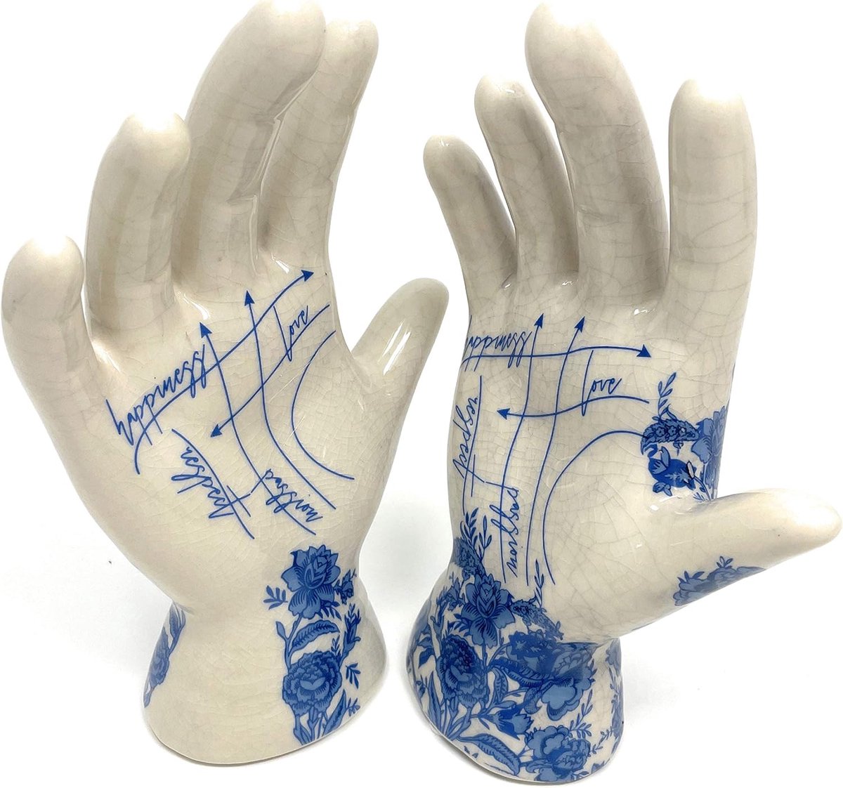 Bitten Hand Sieradenhouder - Tattoo Palmistry map of the hand uitgevoerd in een stijl die lijkt op Delfts blauw