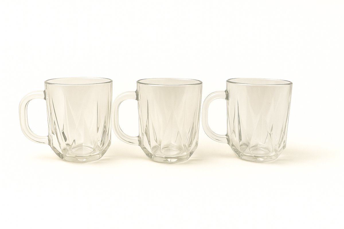 Almina 6-delige Diamant theeglazenset – glazen kopjes met handvat – 300 ml – stijlvol design