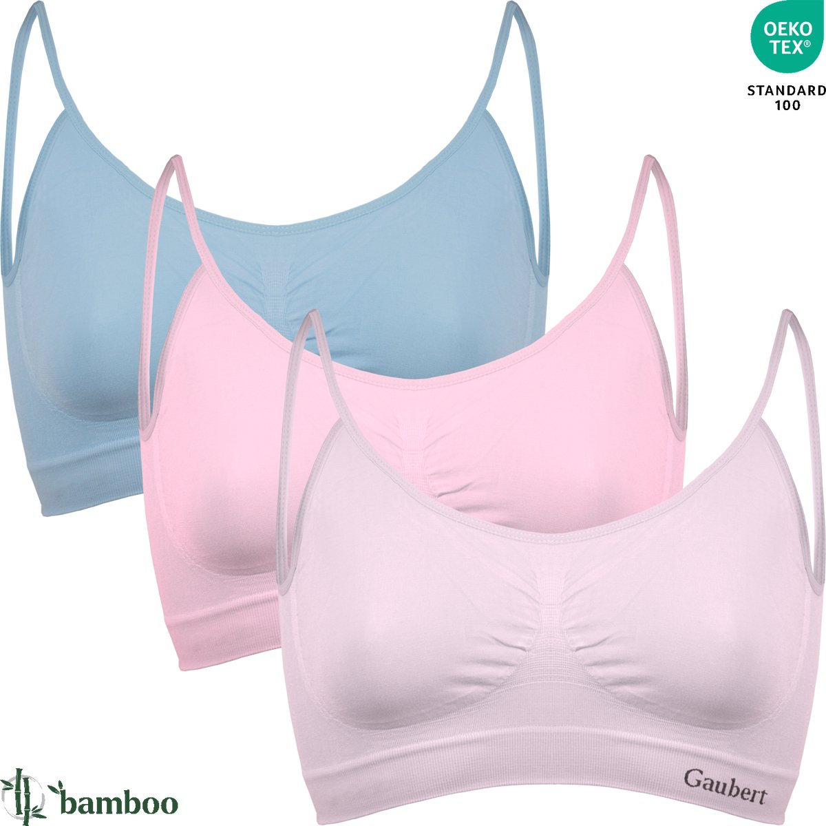 GAUBERT ® 3-Pack Naadloze Bamboe Comfort BH Top - Zonder Beugel - Verstelbare Spaghettibandjes - Bamboe Ondergoed - Multikleur - GBTW-3105-Mix-2 Spaghettibandjes, Multikleur
