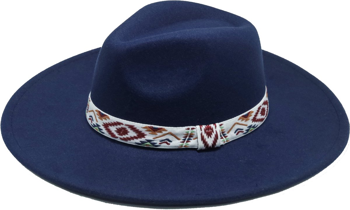 Emilie collection - hoed - blauw - fedora - Vilten hoed met brede rand en boho band - marineblauw