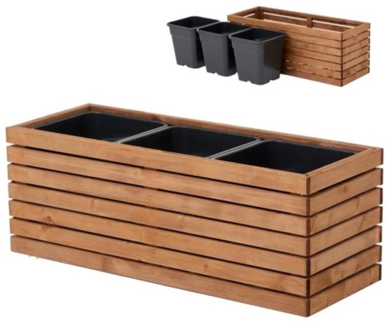 Wamat - bois - pour jardin - balcon - terrasse - jardinière surélevée - XXL - grande jardinière - pour l'extérieur - avec jardinière en plastique de 18 litres - outdoor - marron (98 x 36 cm h35)
