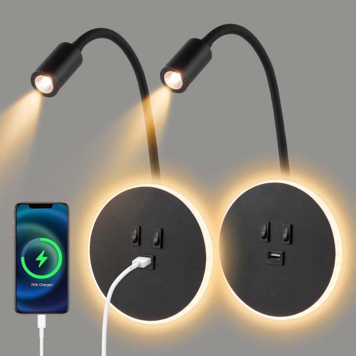MKSS® Bedlampjes Hoofdbord - Dubbele Leeslampjes - Bedlamp Slaapkamer Volwassenen - Zwart