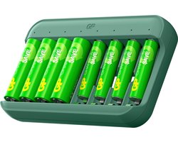 GP Charge&Save Batterijlader AA/AAA – Snellader USB-C 8-slot, individuele laadsleuven – Batterij oplader met LED-indicator, Veiligheidsfuncties – Inclusief 4x AA 1300mAh & 4x AAA 650mAh oplaadbare batterijen