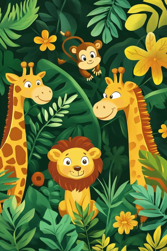 Een illustratie met een cartoon leeuw, twee giraffen en een aap, omringd door weelderige groene bladeren en gele bloemen.
