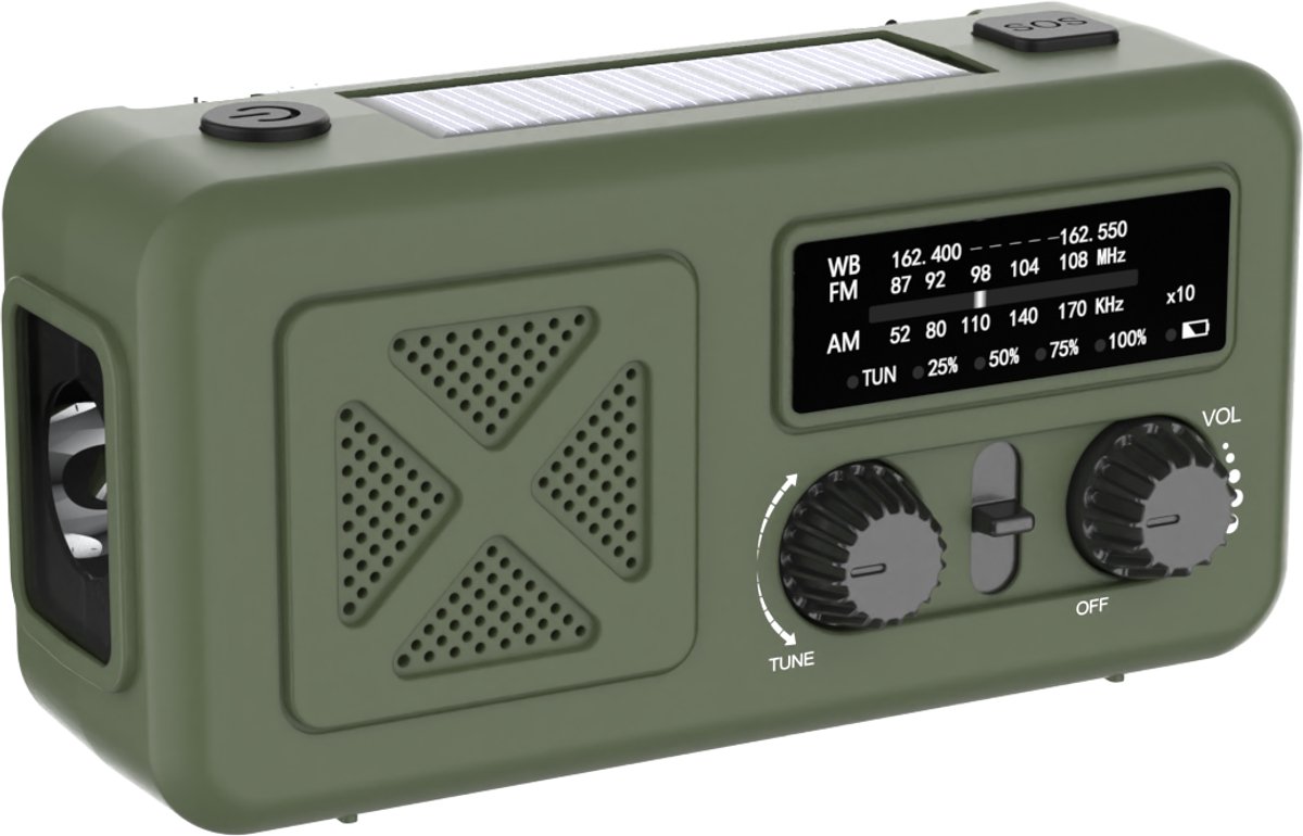Noodradio - Groen - Solar, Hand Crank & Powerbank – AM/FM/WB - Emergency Radio - Exclusief Batterij