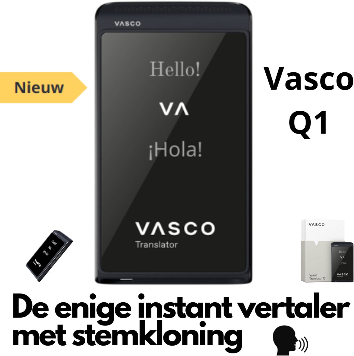Vasco Q1 Phantom Black AI vertaler Nieuw 2025 de enige instant translator met stemkloning telefoongesprekken en handsfree modus gratis Internet foto en telefoon Vertaler