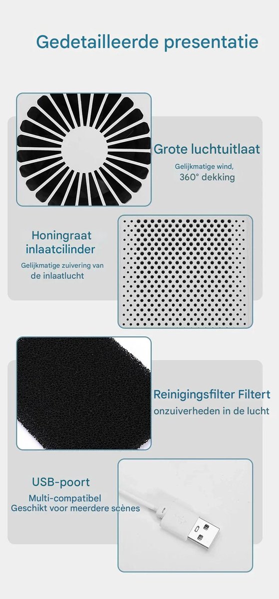 BolFlow® Luchtreiniger - HEPA - USB - Air purifier - Koolstoffilter - Ionisator - Stil & Compact - Voor Kantoor, Auto, Thuis - Wit — afbeelding 2
