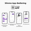 Vier schermen van de Ultimea app: equalizer-instellingen, EQ-profielen, afstandsbediening en firmware-update.