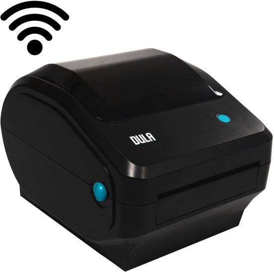Zwarte DULA labelprinter met wifi-symbool, turquoise knop en logo.