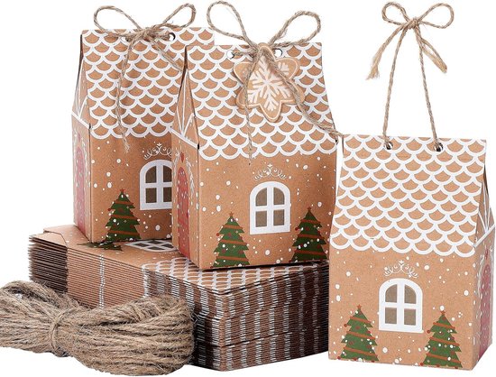 50 X Kerstcadeaudozen - Cadeautassen - Kerst Huisvorm - Kraftpapier - Met Touw - Cadeauzakjes - Kersttassen Set - Kerstverpakking - Cadeauverpakking - Kerst Draagtassen - Geschikt Voor Snoepjes, Chocolaatjes En Kleine Ornamenten - 10.5x7x5 Cm