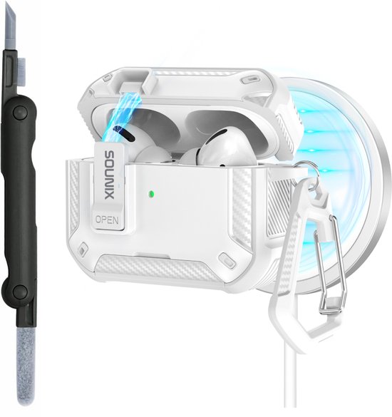 Sounix Hoesje geschikt voor Airpods Pro 1 / 2 - Met schoonmaak borstel - Airpods Pro Hoesje - Armor Case met Lock - Wit