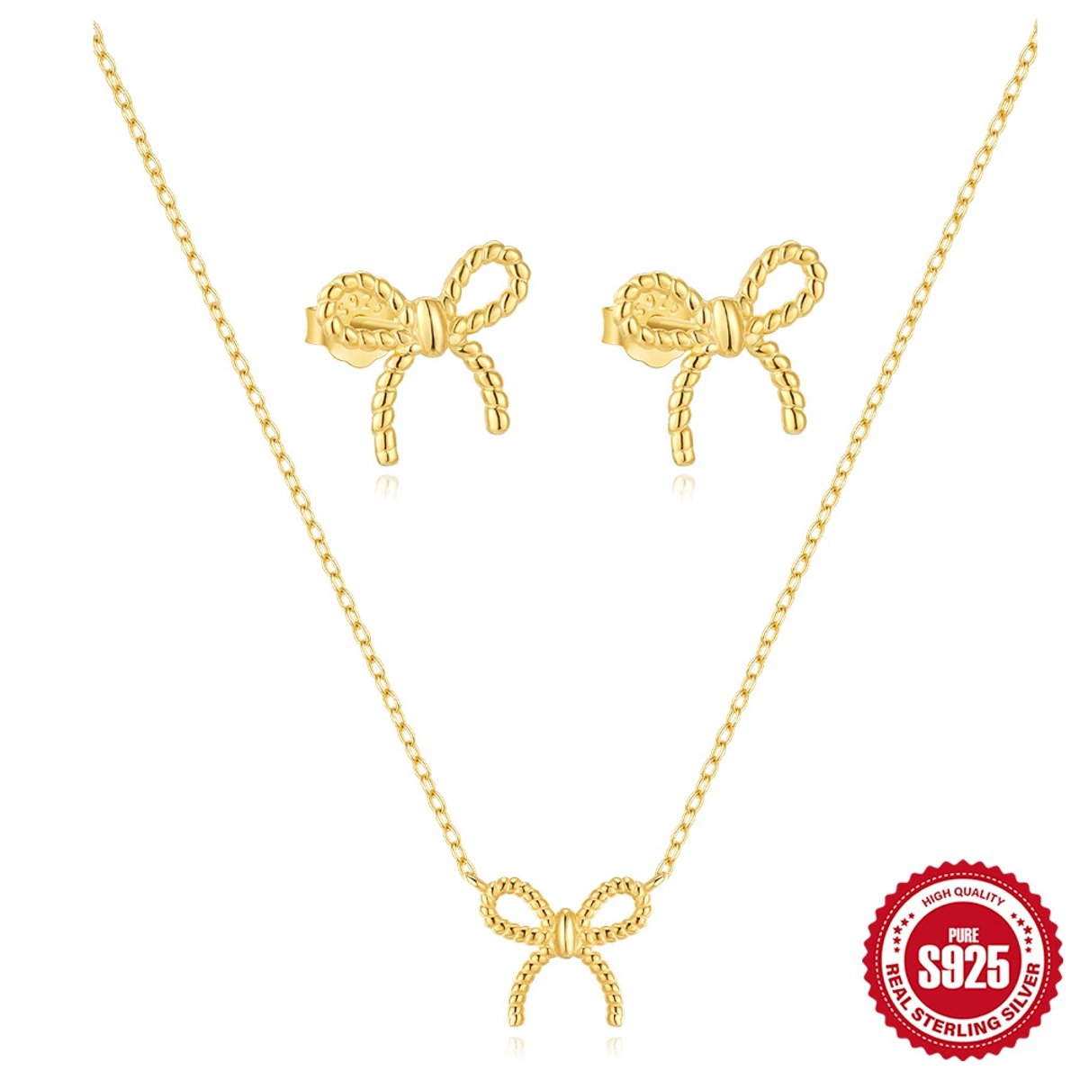 Helin Life Ketting dames 925 zilver set – Ketting & Oorbellen Set – 18K Verguld – Strik Design – Tijdloze Sieraden Set – Luxe Geschenkdoos – Perfect Cadeau voor Vrouwen – Goud