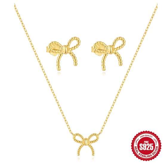 Collier Helin Life pour femme en argent 925 – Set collier et Boucles d'oreilles – Plaqué or 18 carats – Design nœud – Set de Bijoux intemporels – Coffret cadeau de Luxe – Cadeau Perfect pour femme – Or