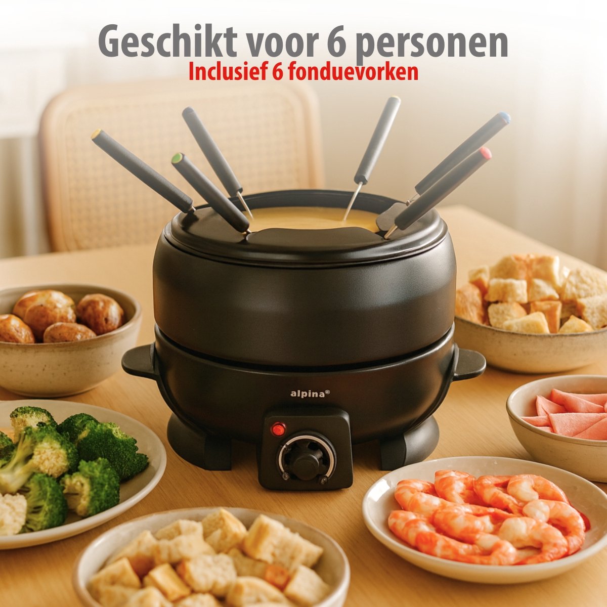alpina Fondueset Elektrisch 800W – Fonduepan 2L voor 6 Personen - Geschikt voor Kaasfondue en Chocolade Fondue – Incl. Fonduevorken – Instelbare Temperatuur – RVS met Antiaanbaklaag – foto 5