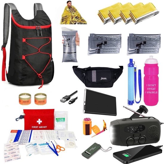 Foto: Luxury 2025 compleet noodpakket voor thuis noodradio survivalradio overlevingspakket ehbo kit powerbank rugzak waterfilter 4x warmtedeken noodkaarsen 6x nood toilet 1x waterfles zaklamp lucifers