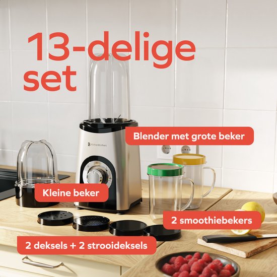 KitchenBrothers Smoothie Blender - 2-in-1 - Blender to Go - 4 Bekers - Smoothie Maker To Go - Mini Blender - Zilver