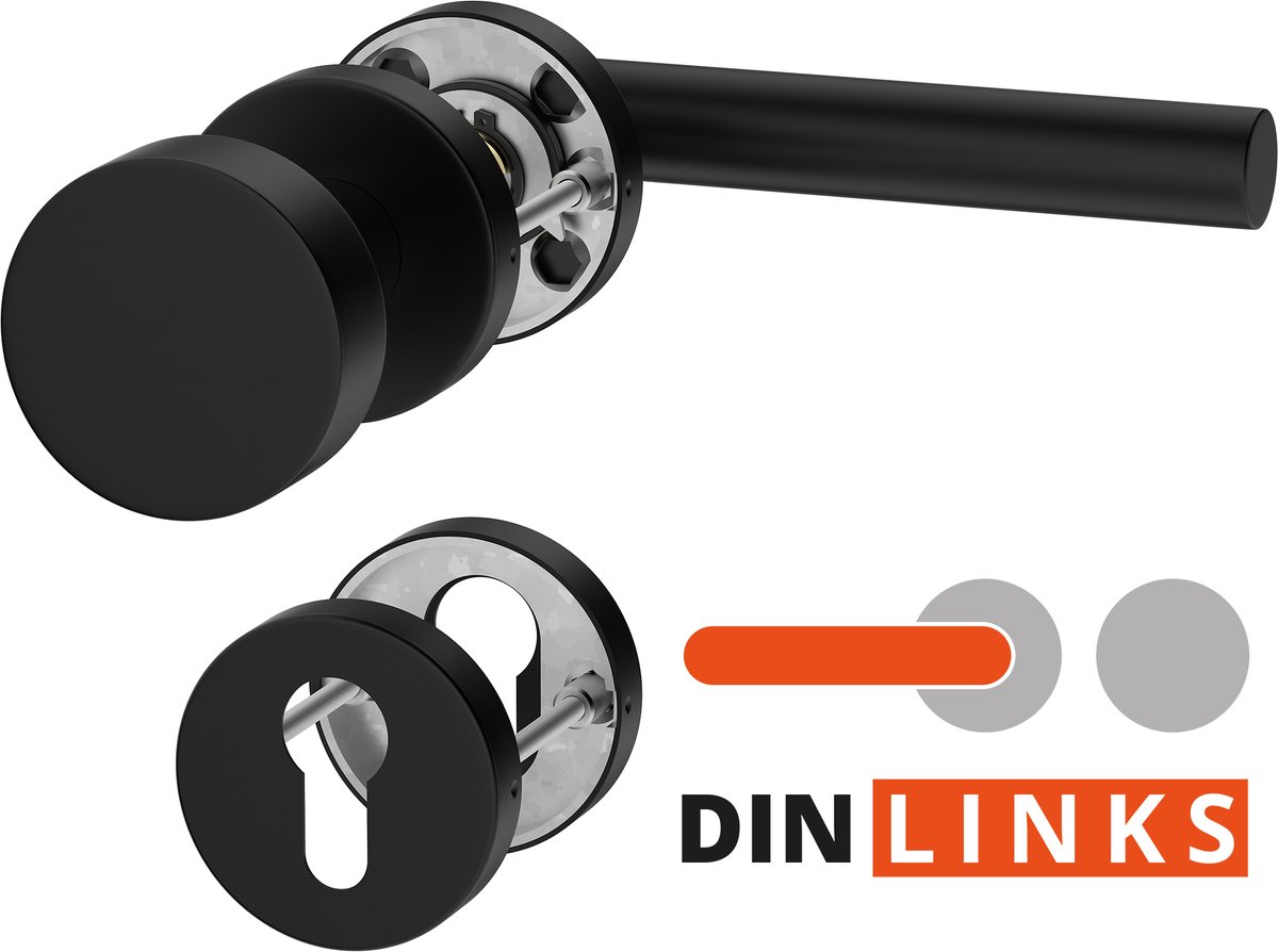ERGO line NINA Links, Roestvrijstalen Zwarte Deurkrukset, Knop-Kruk, Garnituur met vaste deurknop en linker deurkruk, PZ-cilinder, Zwart gepoedercoat roestvrij staal, Rozetgarnituur met deurknop, wisselgarnituur deurknop en deurkruk