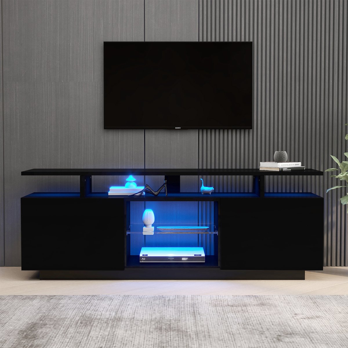 Pugsdrly Moderne zwarte tv-kast met 16-kleuren LED-verlichting, 1,4 m lang – stijlvolle opbergkast voor 60-inch tv's, 16-kleuren lichtbalk, hoogglans deurpaneel met glazen vak, tv-plank