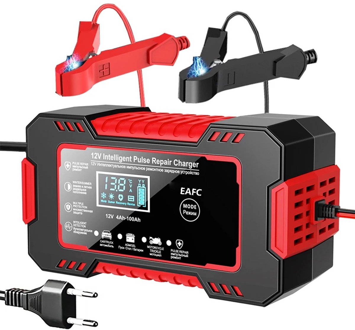 EAFC Automatische Acculader 12V 6A - slimme reparatiefunctie - LCD-display - voor auto's - vrachtwagens - motoren - boten AGM