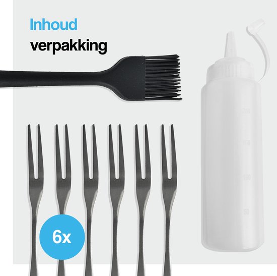 Inhoud van de verpakking: zes vorkjes, een kwast en een doseerfles.