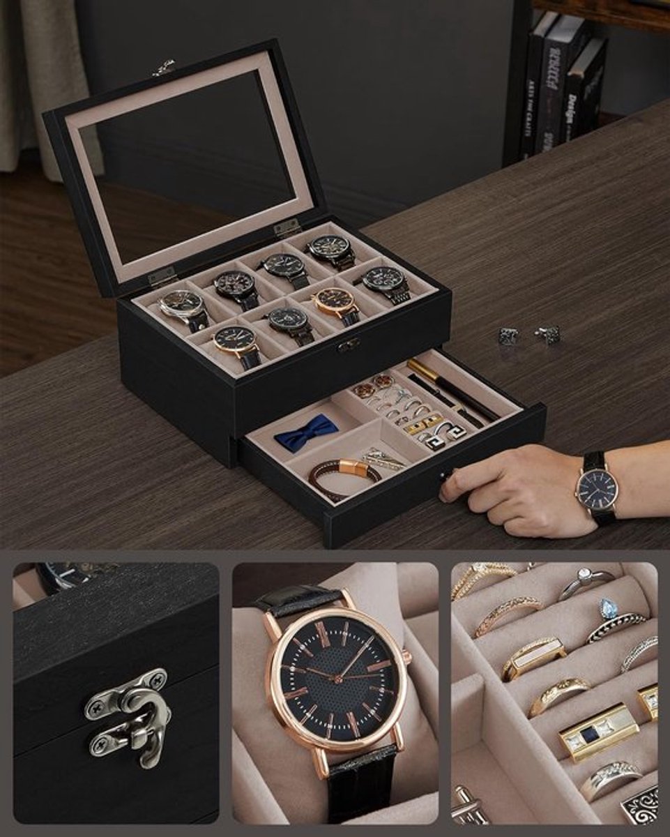 Watch Box 12 Compartments Solid Wood Watch Box with Glass Lid Watch Cushion Jewelry Storage Gift for Your Loved Ones Ebony Black