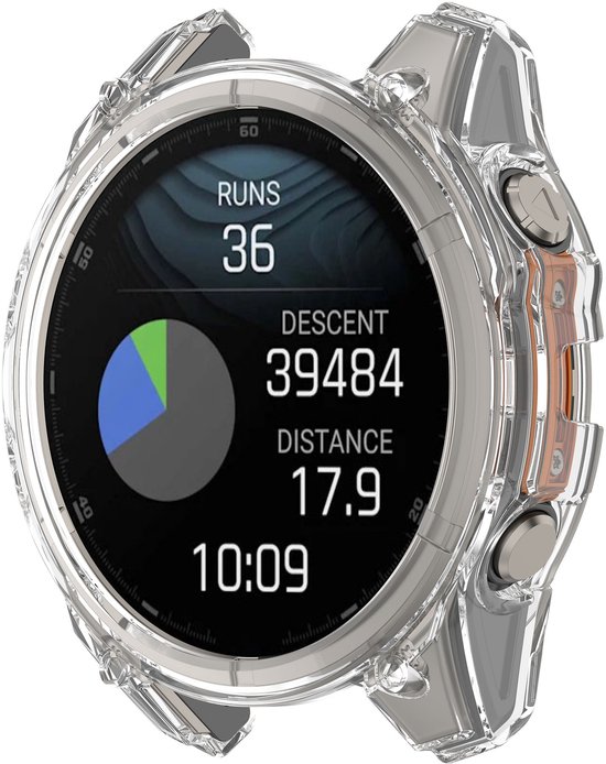 Transparante beschermhoes met oranje accenten om een Garmin Fenix smartwatch.