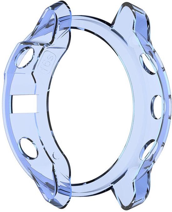 Transparant blauw TPU hoesje voor een Garmin Fenix 6X smartwatch, met openingen voor knoppen en sensoren.