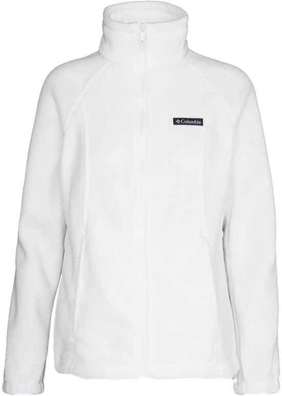 Witte Columbia fleece trui met rits en een donkerblauw Columbia logo op de linkerborst.