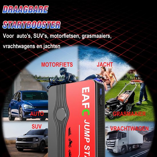 EAFC draagbare startbooster voor auto's, SUV's, motoren, grasmaaiers, vrachtwagens, jachten.