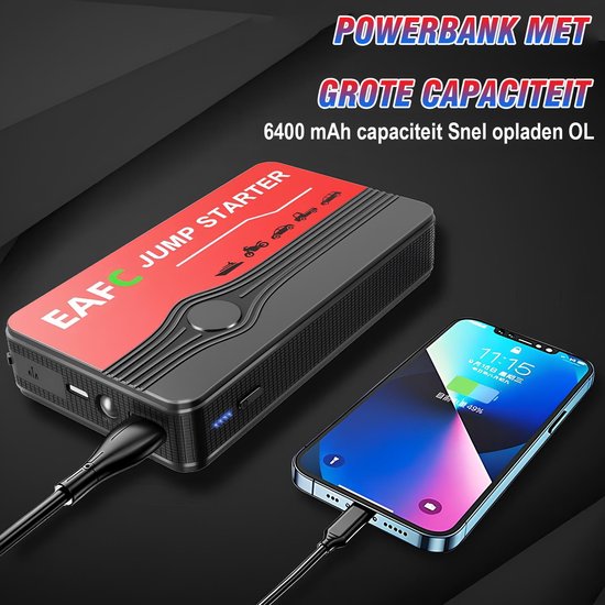 Rode EAFC jump starter met 6400 mAh capaciteit, laadt snel op en is aangesloten op een smartphone.