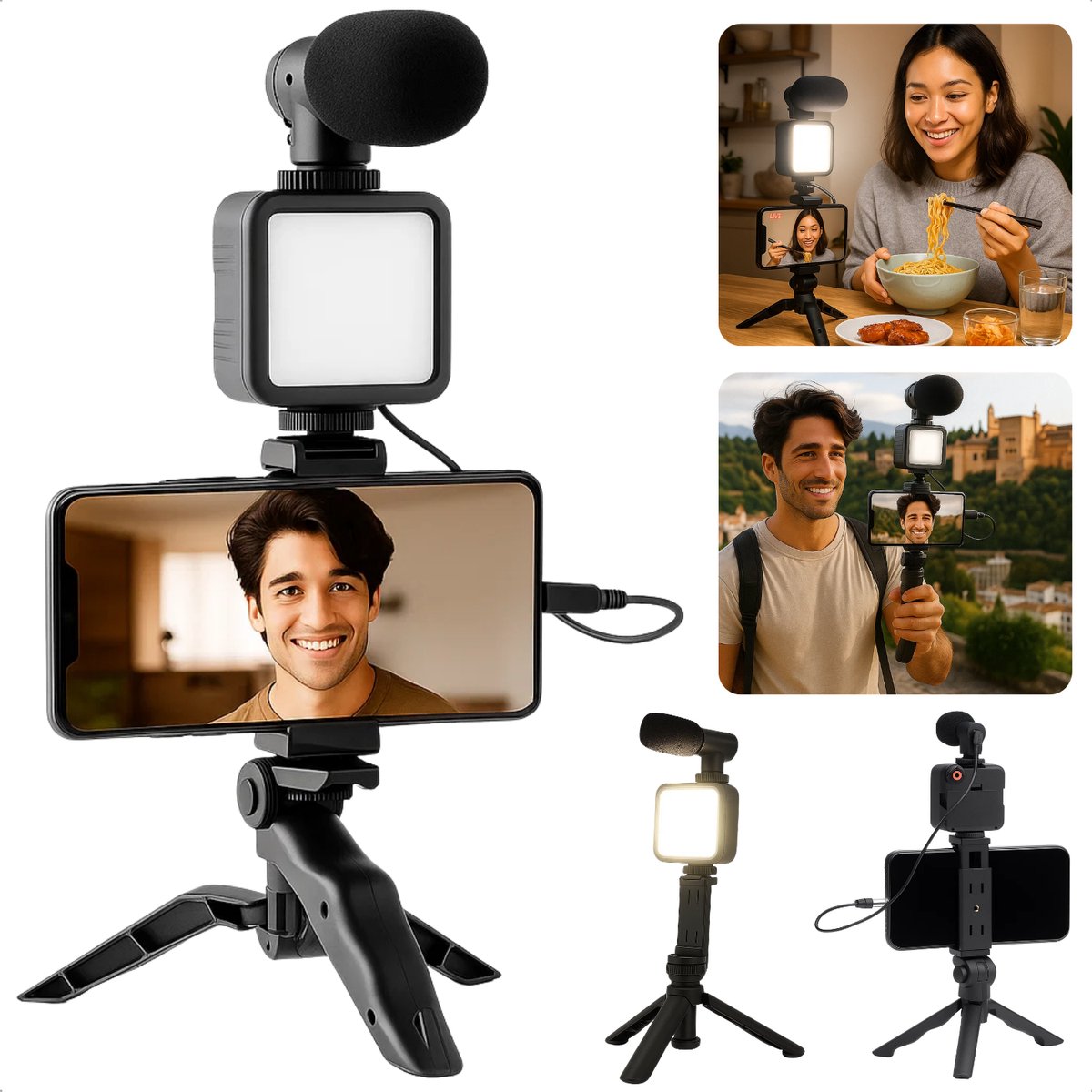 Cheqo® Telefoon Statief Met Lamp - LED Telefoon Statief - Content Creators Statief - Vloggers Telefoon Standaard - Livestream Statief - LED Lamp Met 49 LED’s - Verstelbare Lichthelderheid - Externe Microfoon Statief - Smartphone Tripod