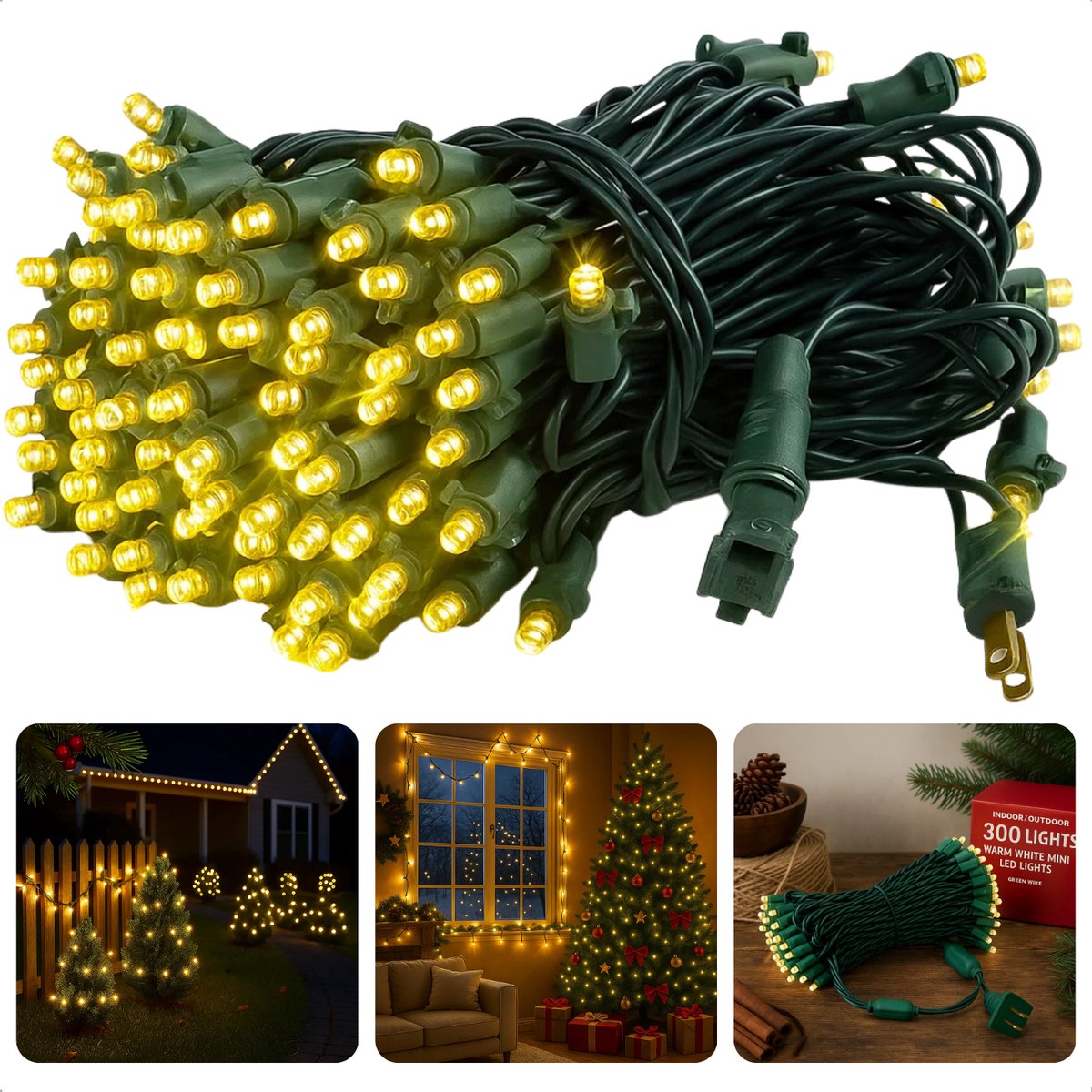 Cheqo Kerstverlichting Binnen En Buiten - 720 LED Lampjes - Warm Wit Licht - 54 Meter Lichtsnoer - IP44 Beschermklasse - LED Lichtsnoer - Groen Snoer - Energiezuinig 9W - 3 Meter Aanloopsnoer - LED Lampjes - Kerstlampjes - Kerstboomverlichting