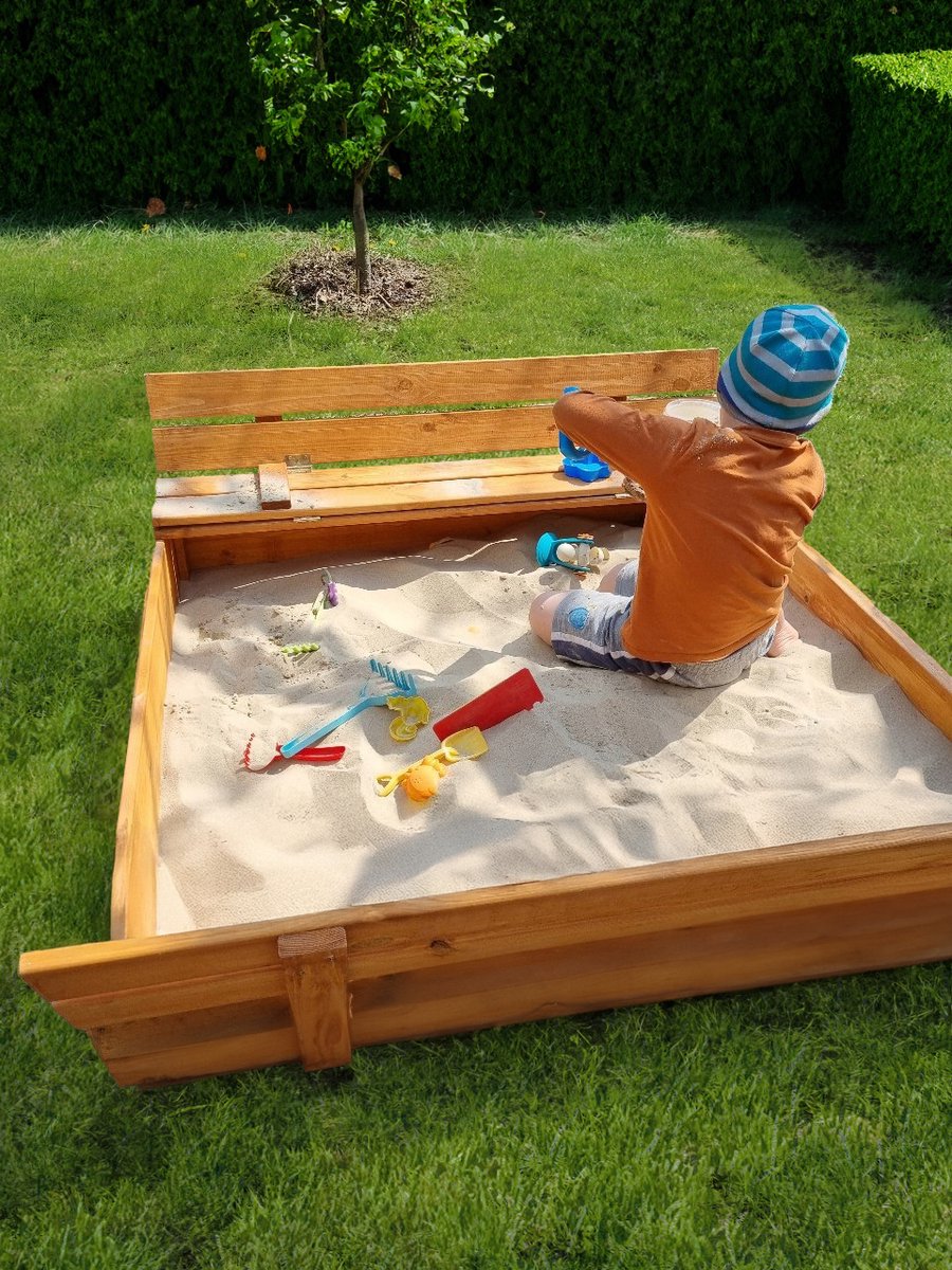 Afsluitbare Zandbak met Banken 100x100 cm – GECERTIFICEERD & GEÏMPREGNEERD HOUT | Incl. Afdekzeil & Gronddoek | Voor 1 Kind — afbeelding 10