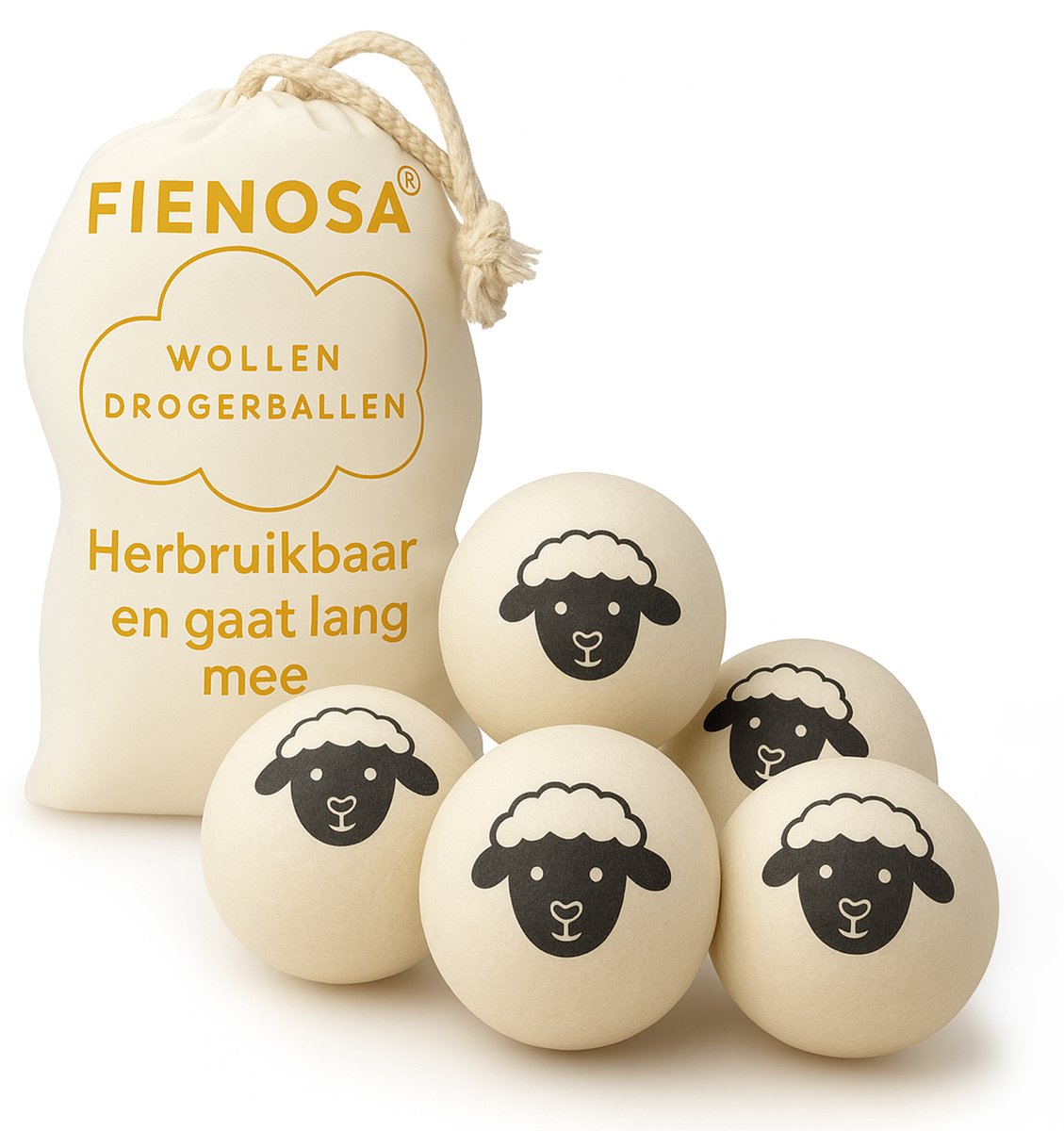 Fienosa Drogerballen 6 stuks – 100% Nieuw-Zeelandse Schapenwol – Herbruikbare Wasdrogerballen – Verkort Droogtijd & Bespaart Energie – Antistatisch, Natuurlijke Wasverzachter – Inclusief Opbergzakje