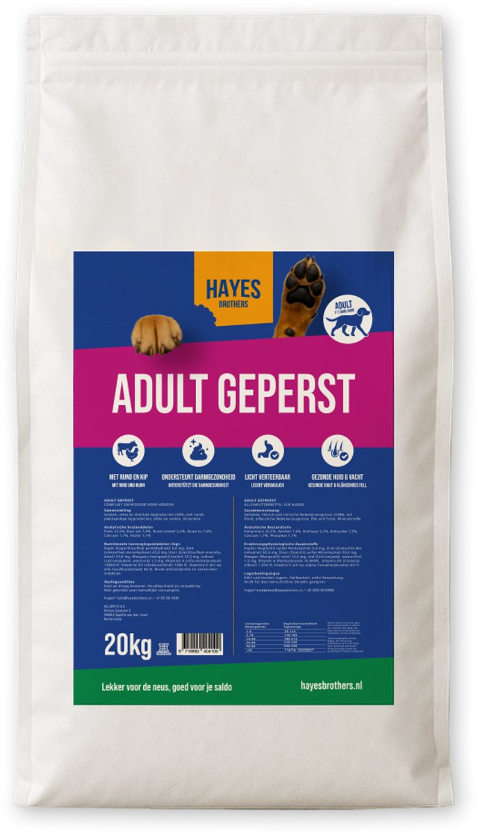 Bol.com Hayes Brothers Adult Geperst Hondenbrokken 20 kg - Hondenvoer droog - Geperst brokken - Volwassen en Senior - Gezonde va... aanbieding