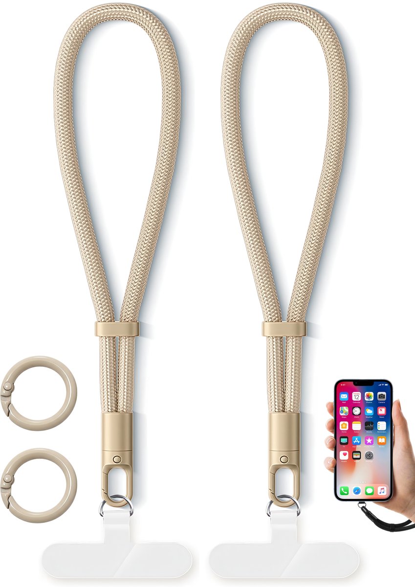 2x Luxe Polsband Telefoonkoord met 2 Ringen & Bevestigingsplaatjes, - Kort Universeel GSM Lanyard Keycord Strap - Polsbandje Sleutelkoord Telefoonketting - Musketonhaak Telefoon Koord Sleutelhanger - Keykoord Pashouder - Phone Ketting Cord - Caramel