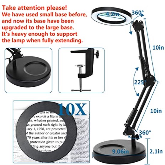 Delixike Vergrootglas met licht en standaard, vergrootlamp, 10 dioptrieën, vergrootglas met