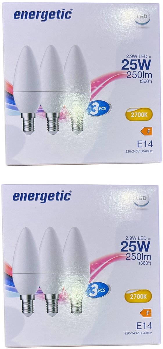 6 stuks (2x3) Energetic Kaars E14 Warm Wit (2700K) 2,9 W (25 W)