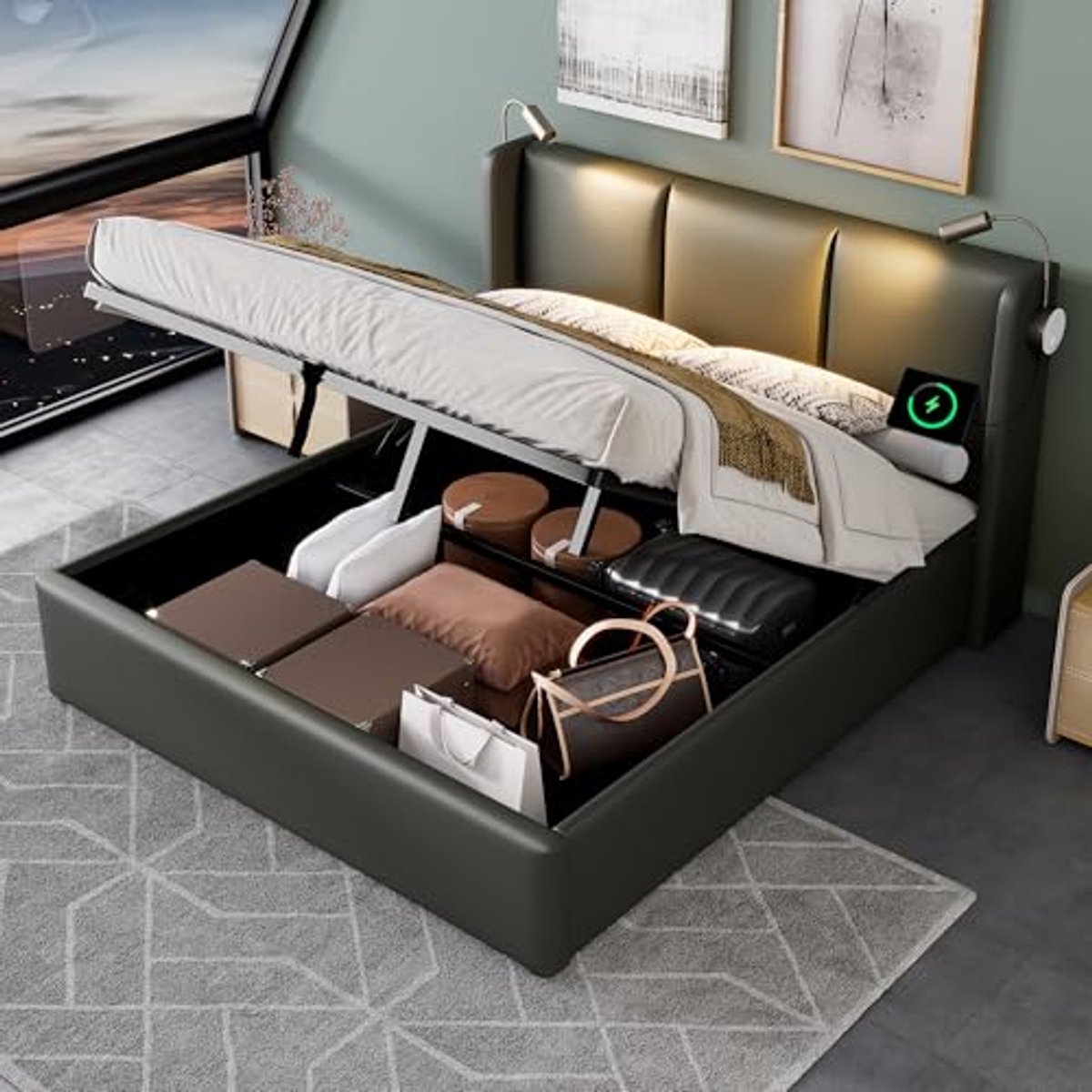 Tweepersoonsbed 140x200 met Leeslamp, USB Oplaadfunctie en Opbergruimte