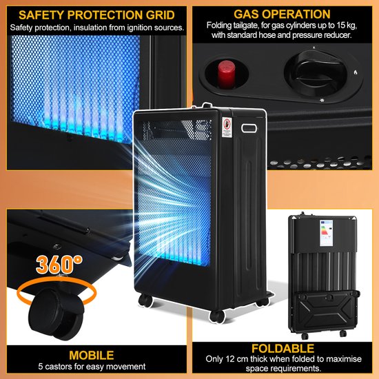 Mobiele Gaskachel - Opvouwbare Gasheater 3800W - Binnen & Buiten - 2 Warmtestanden - Geschikt voor LPG/Propaan/Butaan - Met Wielen & Veiligheidssysteem — afbeelding 2