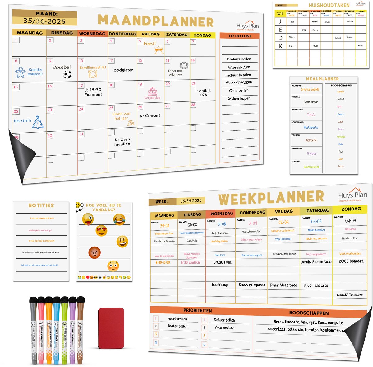 Huysplan® - Magnetische Maandplanner en Weekplanner Whiteboard - 20-delige set - Huishoudtaken - Prioriteiten - Notitie - Planbord - Boodschappenlijst - Kleur