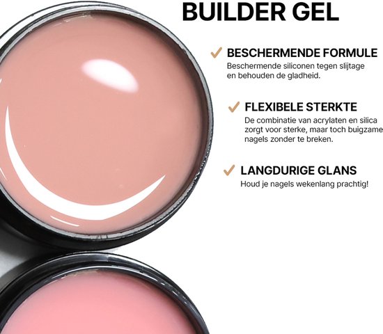 Twee potjes builder gel, één met een romige textuur, met Nederlandse tekst "BUILDER GEL".