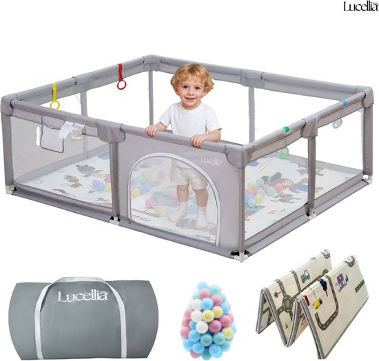 Lucellia® Coffre de jeu pliable avec tapis de jeu 108 x 105 cm - Parc bébé antidérapant - Coffre à ramper - Parc Bébé - Coffre de jeu 8 + 2 panneaux - Édition Elephant Grijs