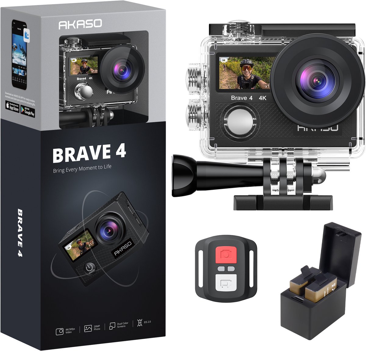 AKASO Brave 4 Action Camera 4K – Waterdichte 30 m – EIS Beeldstabilisatie – Zoom & Timelapse – Afstandsbediening – Onderwatercamera met 64GB SD-kaart & Accessoires