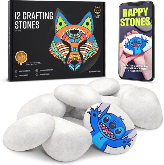 Pierres NAPI Happy Stones - Cours inclus : Peinture sur pierre - Galets lisses et uniformes - Paquet de 12 pièces - Galets de plage - 4 à 8 cm - Wit