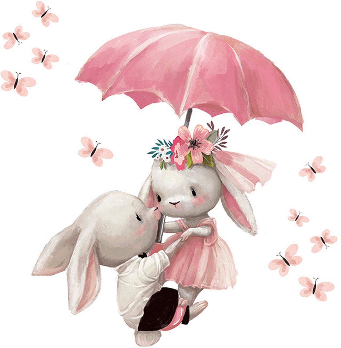 Wandsticker Konijntjes met Paraplu - Zelfklevende Muurdecoratie voor Kinderkamer - 64x62 cm - Schattige Konijnen Sticker voor Meisjeskamer en Babykamer - Muursticker